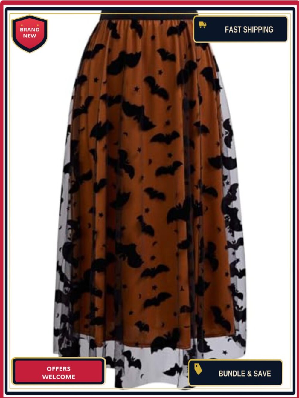Tulle Tutu Skirt Velvet Bats Elastic Waist Layered Mesh Midi Halloween